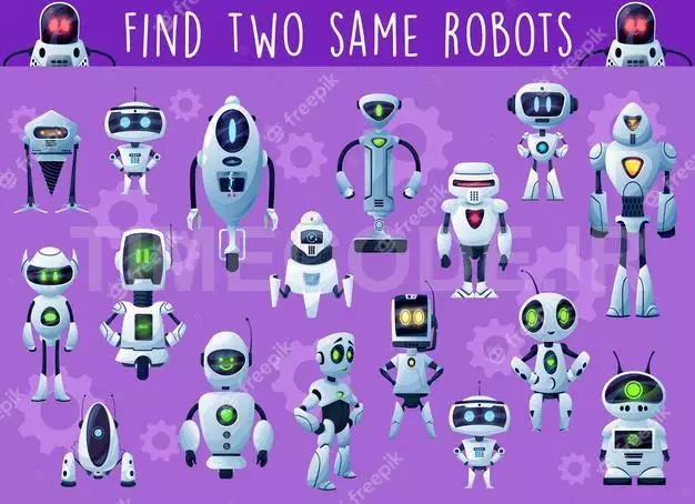 Kids Game With Robots And Droids. Child Playing Activity, Riddle Or Educational Puzzle 