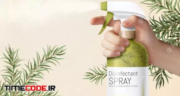 Realistic Hand Holding Grass Green Trigger Spray Bottle Decorated With Ethereal Tea Tree Leaves 