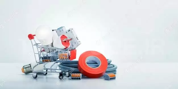 Electrician Equipment In A Shopping And On The Floor Cart On White Background 