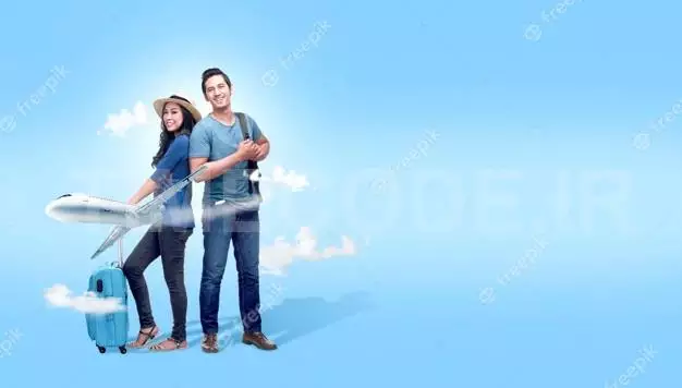 Asian Couple With Suitcase Bag And Backpack Going Traveling With Airplane Background 