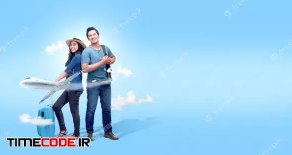 Asian Couple With Suitcase Bag And Backpack Going Traveling With Airplane Background 