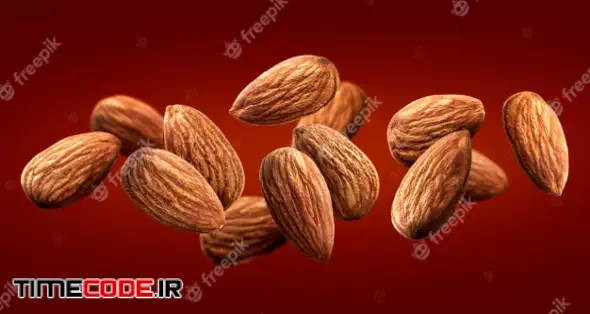 Flying Almond Isolated On Red Background 