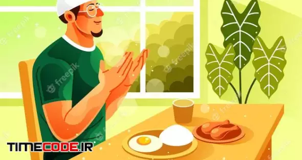 Muslims Pray Before Eating Vector Illustration 