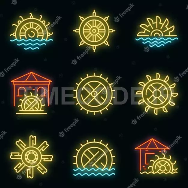 Water Mill Icons Set. Outline Set Of Water Mill Vector Icons Neon Color On Black 