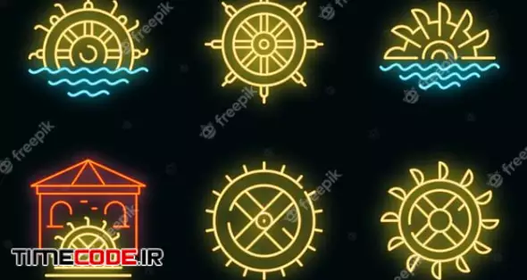 Water Mill Icons Set. Outline Set Of Water Mill Vector Icons Neon Color On Black 