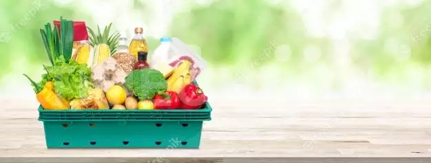 Fresh Food And Groceries In Tray Box On Wood Tabletop Banner Background 