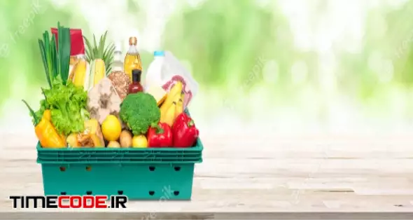 Fresh Food And Groceries In Tray Box On Wood Tabletop Banner Background 