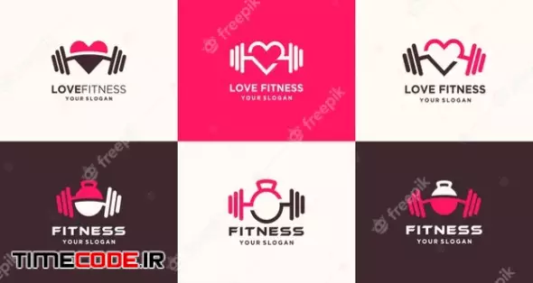 Set Of Abstract Fitness Love Logo. Kettlebell Combined Dumbbell And Heart Logo Design 