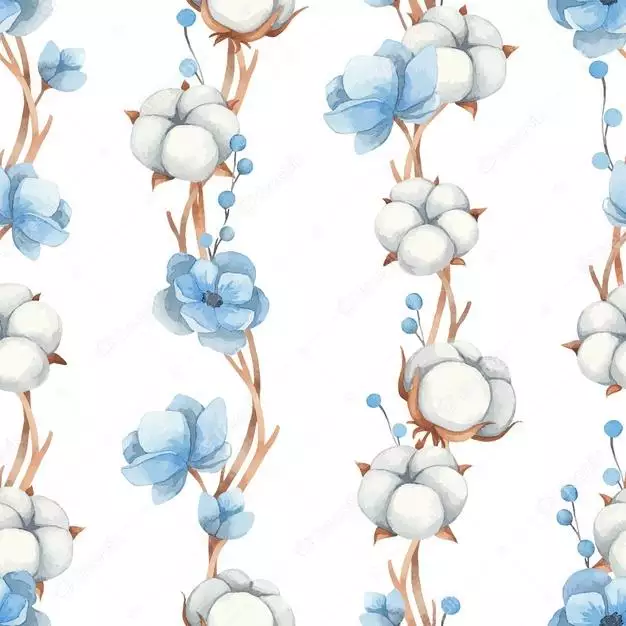 Watercolor Seamless Pattern Of Cotton Flowers, Blue Anemone Flowers And Twigs, Isolated On A White Background 