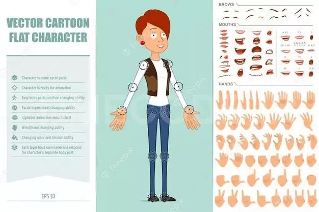 Cartoon Flat Funny Redhead Woman Character In Leather Jacket And Jeans. Face Expressions, Eyes, Brows, Mouth And Hands. 