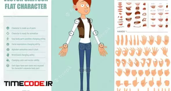 Cartoon Flat Funny Redhead Woman Character In Leather Jacket And Jeans. Face Expressions, Eyes, Brows, Mouth And Hands. 