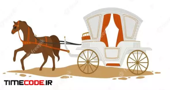Vintage Transportation In City Or Town, Isolated Horse Pulling Elegant And Luxurious Carriage. Antique And Retro Style Of Transport On Road. Romantic Stroll Sitting In Wagon. Vector In Flat Style 