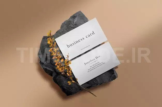 Clean Minimal Business Card Mockup On Black Stone With Yellow Plant Free Psd