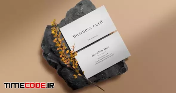 Clean Minimal Business Card Mockup On Black Stone With Yellow Plant Free Psd