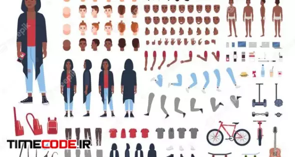African American Teenage Boy Constructor Or Animation Set. Bundle Of Teenager Or Teen Body Parts, Hand Gestures, Trendy Clothes Isolated On White Background. Flat Cartoon Colorful Vector Illustration 