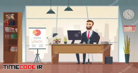 Director Office. Interior Businessman Sitting At The Table Office Cartoon Picture 
