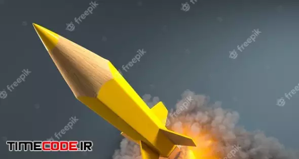 Pencil In The Shape Of A Rocket With Smoke And Flames. Creativity And Startup Concept. 3d Render. 