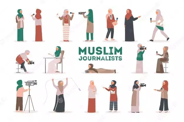 Muslim Tv Journalist Or News Reporter Set. Character With Camera Shooting Interview. Social Media. Reporter Speaking Using Microphone. 