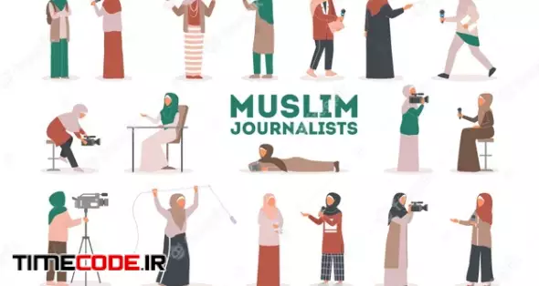 Muslim Tv Journalist Or News Reporter Set. Character With Camera Shooting Interview. Social Media. Reporter Speaking Using Microphone. 