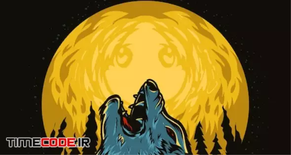 Illustration Vector Wolf Roaring On The Moon 