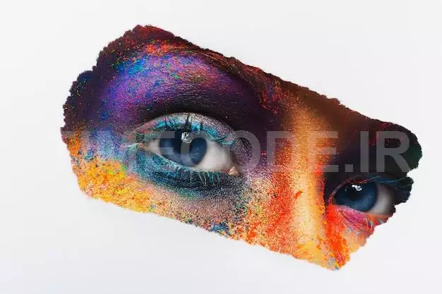 Crop Image Of Female Eyes With Colorful Powder Make Up Looking. Beautiful Fashion Model With Creative Art Makeup. Abstract Colourful Splash Make-up. Holi Festival 