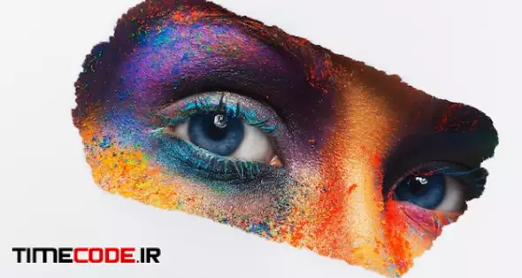 Crop Image Of Female Eyes With Colorful Powder Make Up Looking. Beautiful Fashion Model With Creative Art Makeup. Abstract Colourful Splash Make-up. Holi Festival 