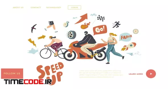 Speed Landing Page Template. Characters Riding Bicycle And Motorbike, Running Fast. Motocross, Rally And Race Competition, Sports Activity, People Moving With High Speed. Linear Vector Illustration 