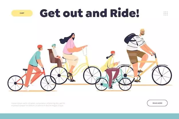 Family Ride Concept Of Landing Page With Parents And Kids Cycling Together In Park. Big Family Riding Bikes. Cute Mother, Father With Children In Helmets On Bicycles. Flat Cartoon Vector Illustration 