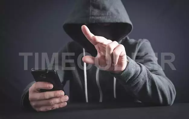 Hacker Using Smartphone And Touching In Empty Screen. Cyber Crime 