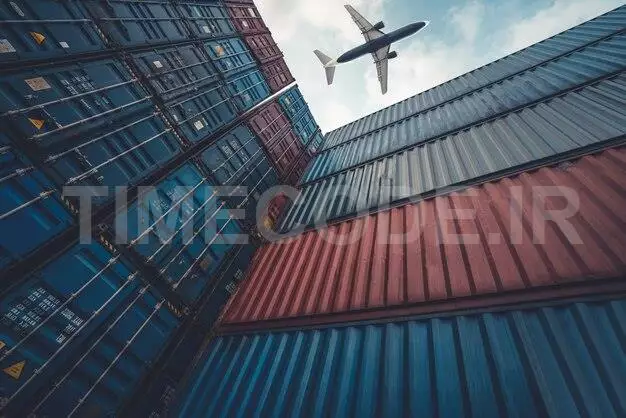 Freight Airplane Flying Above Overseas Shipping Container 