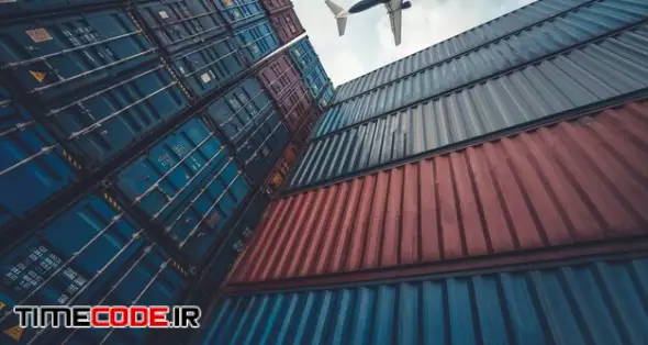 Freight Airplane Flying Above Overseas Shipping Container 