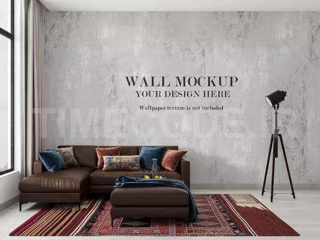 Blank Wall Mockup Behind Modern Blue Sofa 
