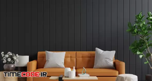 Mockup Wall In Dark Living Room Interior Background With Leather Sofa And Table On Empty Dark Wooden Wall, 3d Rendering Free Photo