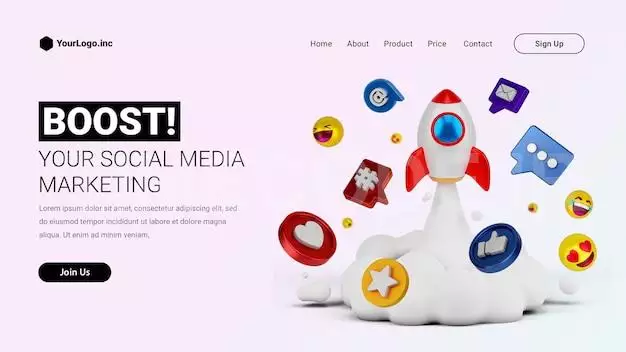 Social Media Marketing Landing Page With 3d Cartoon Illustration Rocket 