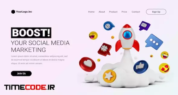 Social Media Marketing Landing Page With 3d Cartoon Illustration Rocket 