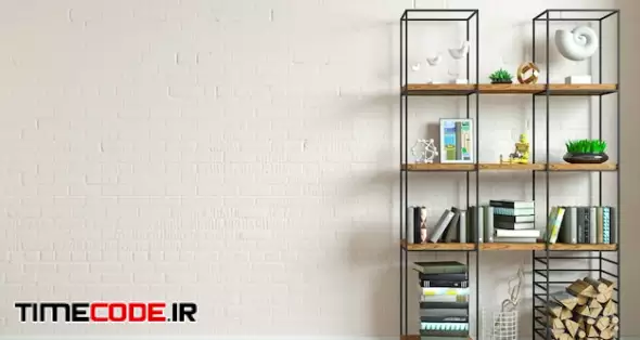 3d Illustration. Modern Interior In Loft Style Background Old Wall. Furniture And Shelves. Bookcase. Studio For Creativity 