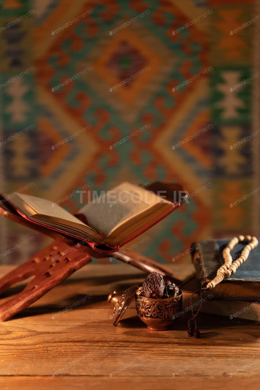 The Holy Book Quran On An Oriental Wooden Bookstand And A Bosnian Kilim As Background