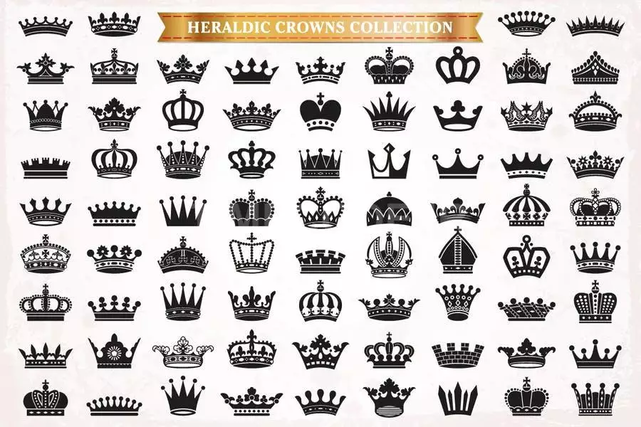 76 Crowns Icons Silhouettes Vector Heraldic Set