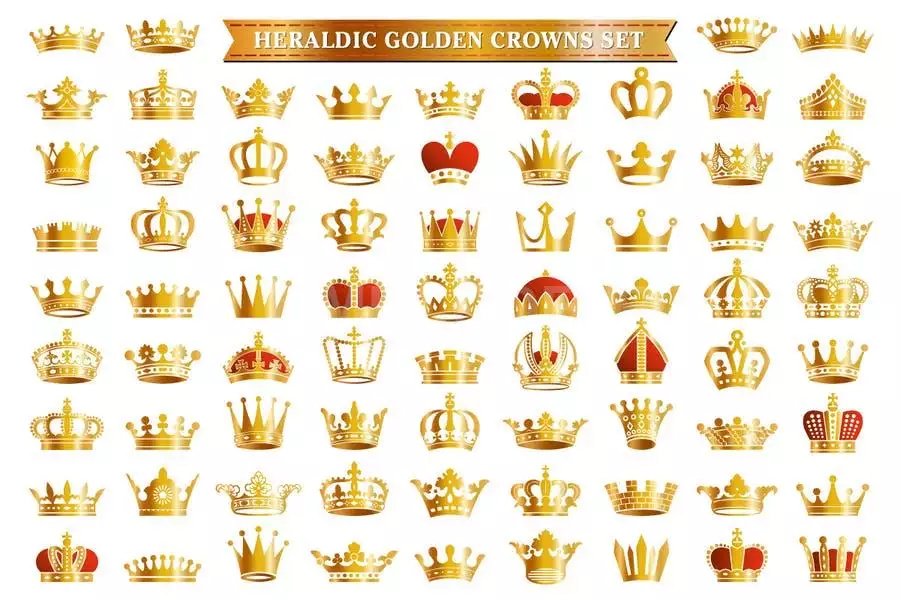 76 Golden Royal Crowns Icons Vector Silhouettes