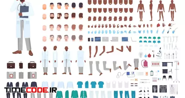 African American Male Doctor Or Physician Constructor Set Or Diy Kit. Bundle Of Body Parts In Different Poses, Uniform Isolated On White Background. Front, Side And Back Views. Vector Illustration.