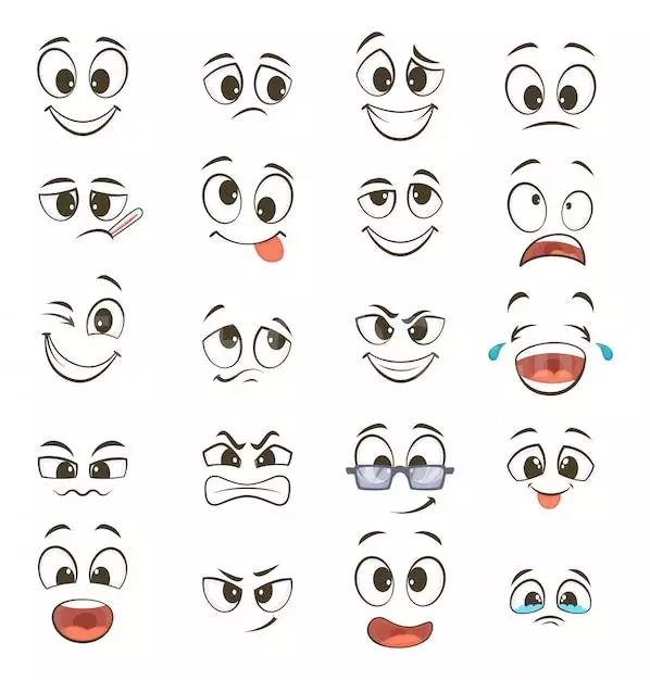 Cartoon Happy Faces With Different Expressions. Vector Illustrations