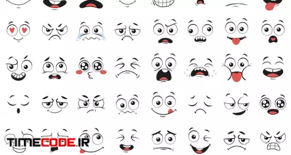 Expressive Eyes And Mouth, Smiling, Crying And Surprised Character Face Expressions Vector Illustration Set