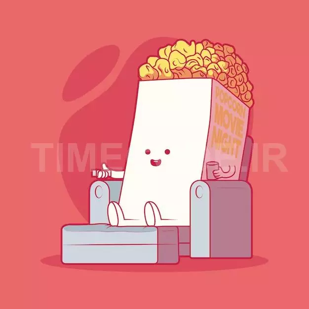 Popcorn Watching Movie Illustration. Movie, Technology, Relaxation, Food Design Concept.