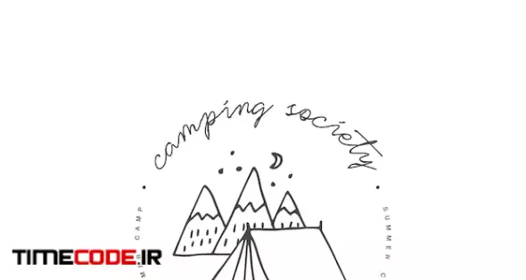 Vector Liear Camping And Hiking Icon Or Logo. Traveling Emblem Or Round Badge With Camping Tent And Mountins. Design For T-shirt And Print.