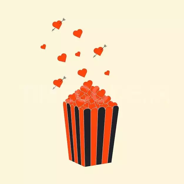 Illustration Of Popcorn From Which Hearts Out. Romantic Movie Images. Vector