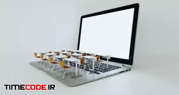 Digital Classroom Concept For Online Education Modern Classroom Desks On The Laptops Keyboard Social Distance Education 3d Rendering