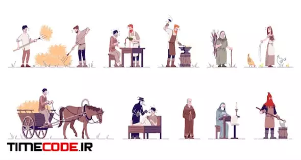 Medieval People Flat Vector Illustrations Set Historical Peasants Farmer Blacksmith Executioner Priest Doctor Isolated Cartoon Characters With Outline Elements On White Background