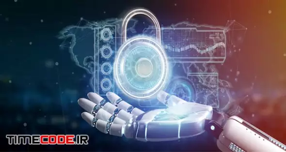 Cyborg Hand Holding A Padlock Security Technology Interface 3d Rendering