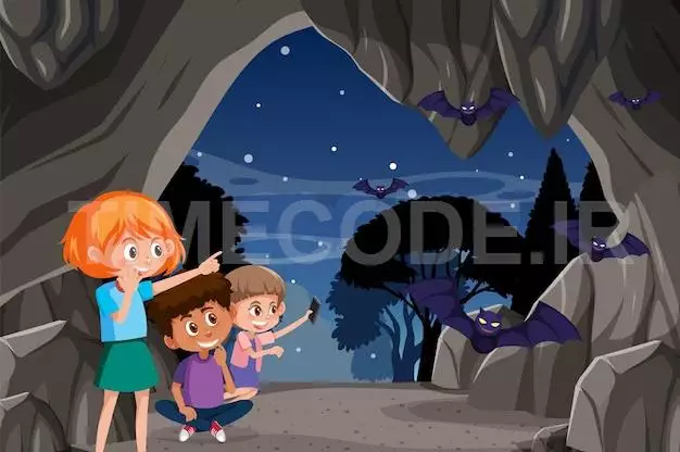 In Cave Scene With Children Exploring Cartoon Character