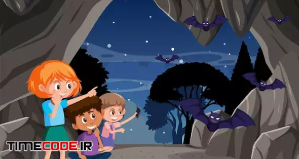 In Cave Scene With Children Exploring Cartoon Character